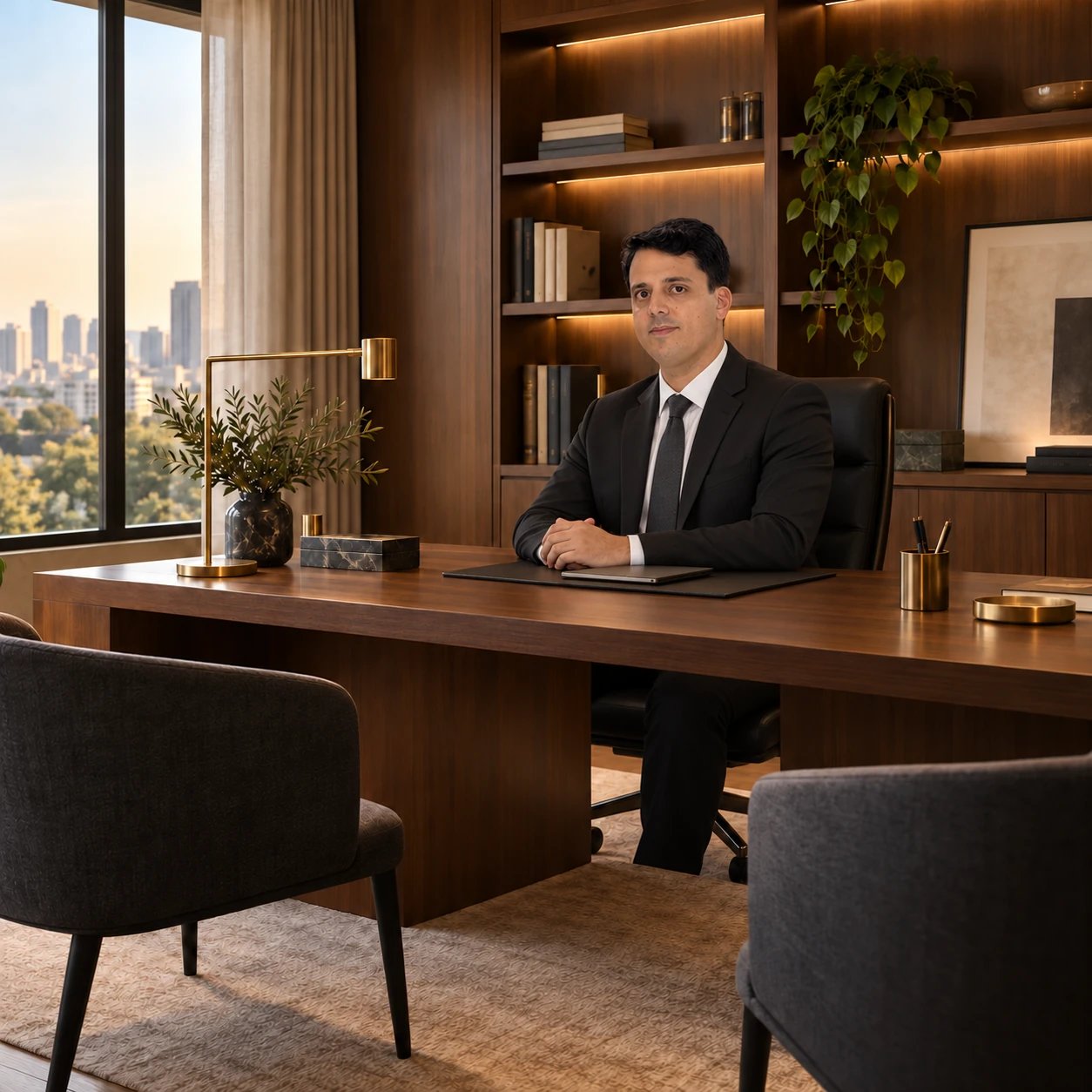 Montagem ilustrativa de Thomaz Lobato de terno preto, sentado à mesa em um escritório.